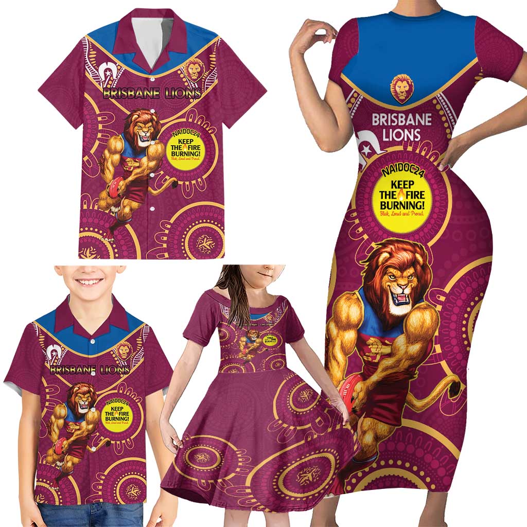 Custom AFL Brisbane Lions NAIDOC Week Family Matching Short Sleeve Bodycon Dress and Hawaiian Shirt Keep The Fire Burning Indigenous Art