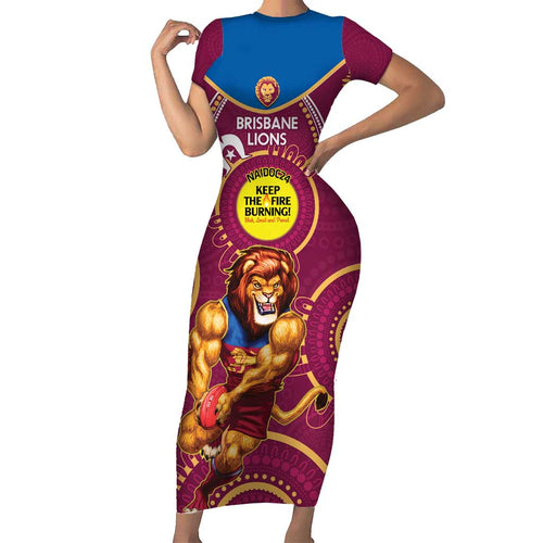 Custom AFL Brisbane Lions NAIDOC Week Family Matching Short Sleeve Bodycon Dress and Hawaiian Shirt Keep The Fire Burning Indigenous Art