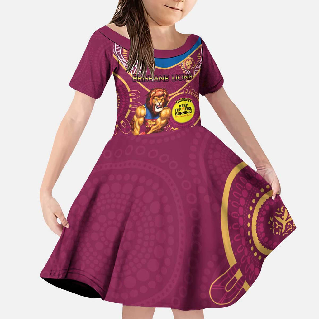 Custom AFL Brisbane Lions NAIDOC Week Kid Short Sleeve Dress Keep The Fire Burning Indigenous Art