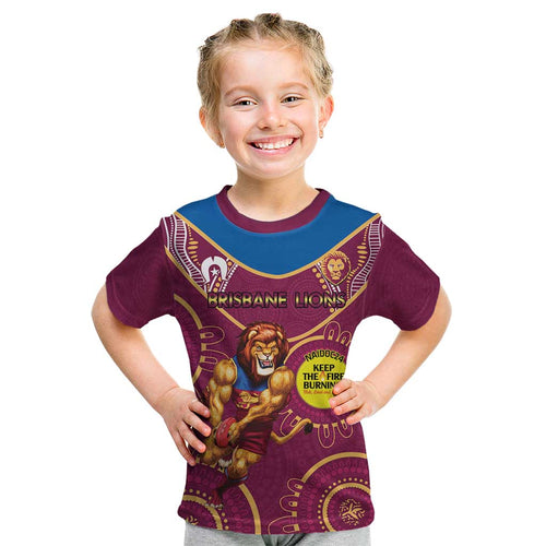 Custom AFL Brisbane Lions NAIDOC Week Kid T Shirt Keep The Fire Burning Indigenous Art