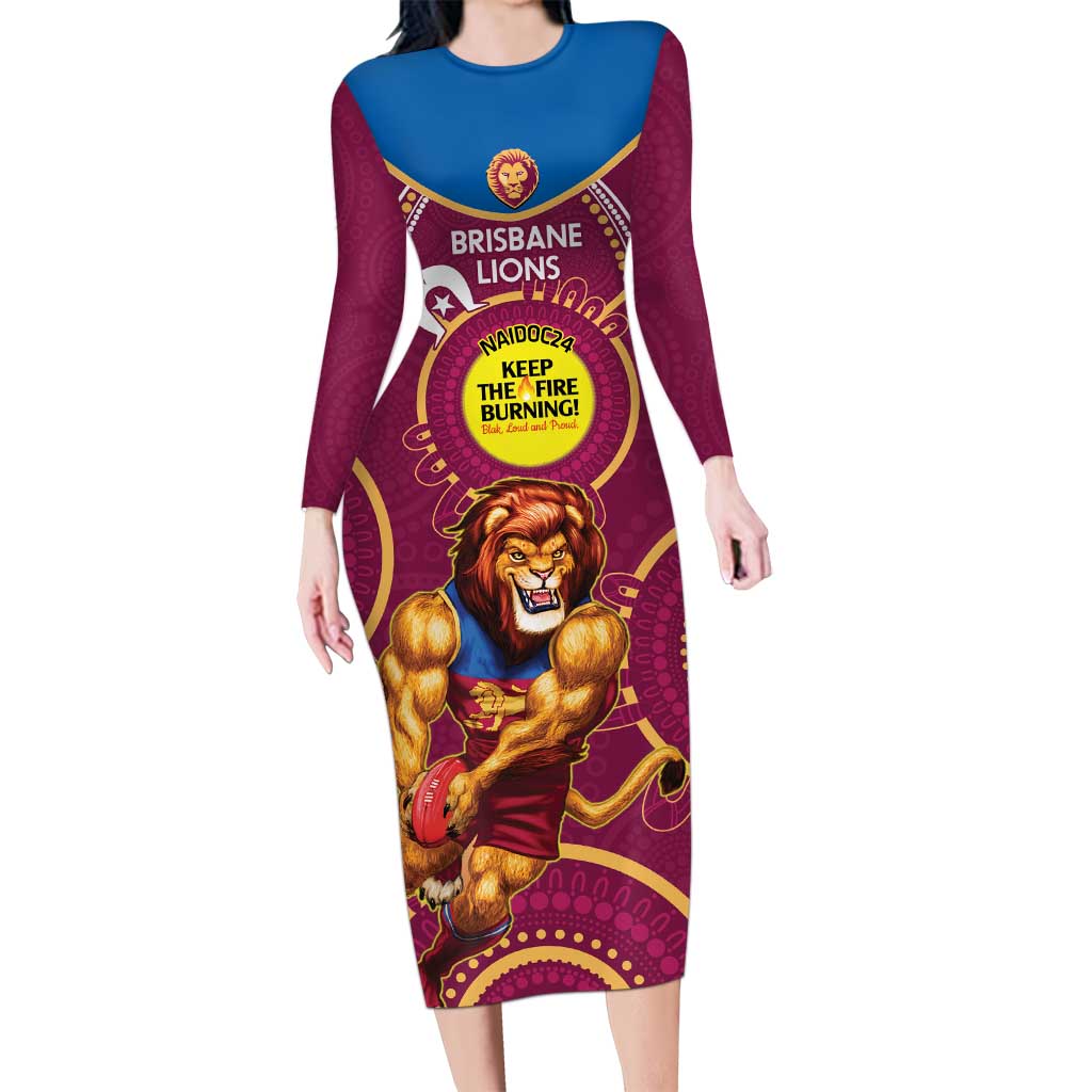 Custom AFL Brisbane Lions NAIDOC Week Long Sleeve Bodycon Dress Keep The Fire Burning Indigenous Art