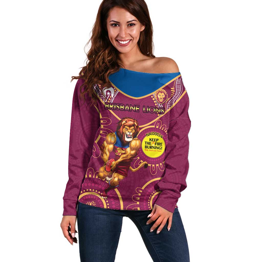 Custom AFL Brisbane Lions NAIDOC Week Off Shoulder Sweater Keep The Fire Burning Indigenous Art