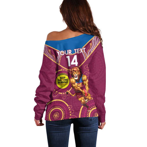 Custom AFL Brisbane Lions NAIDOC Week Off Shoulder Sweater Keep The Fire Burning Indigenous Art
