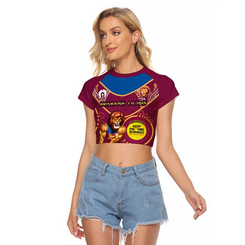 Custom AFL Brisbane Lions NAIDOC Week Raglan Cropped T Shirt Keep The Fire Burning Indigenous Art