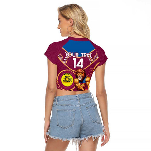 Custom AFL Brisbane Lions NAIDOC Week Raglan Cropped T Shirt Keep The Fire Burning Indigenous Art