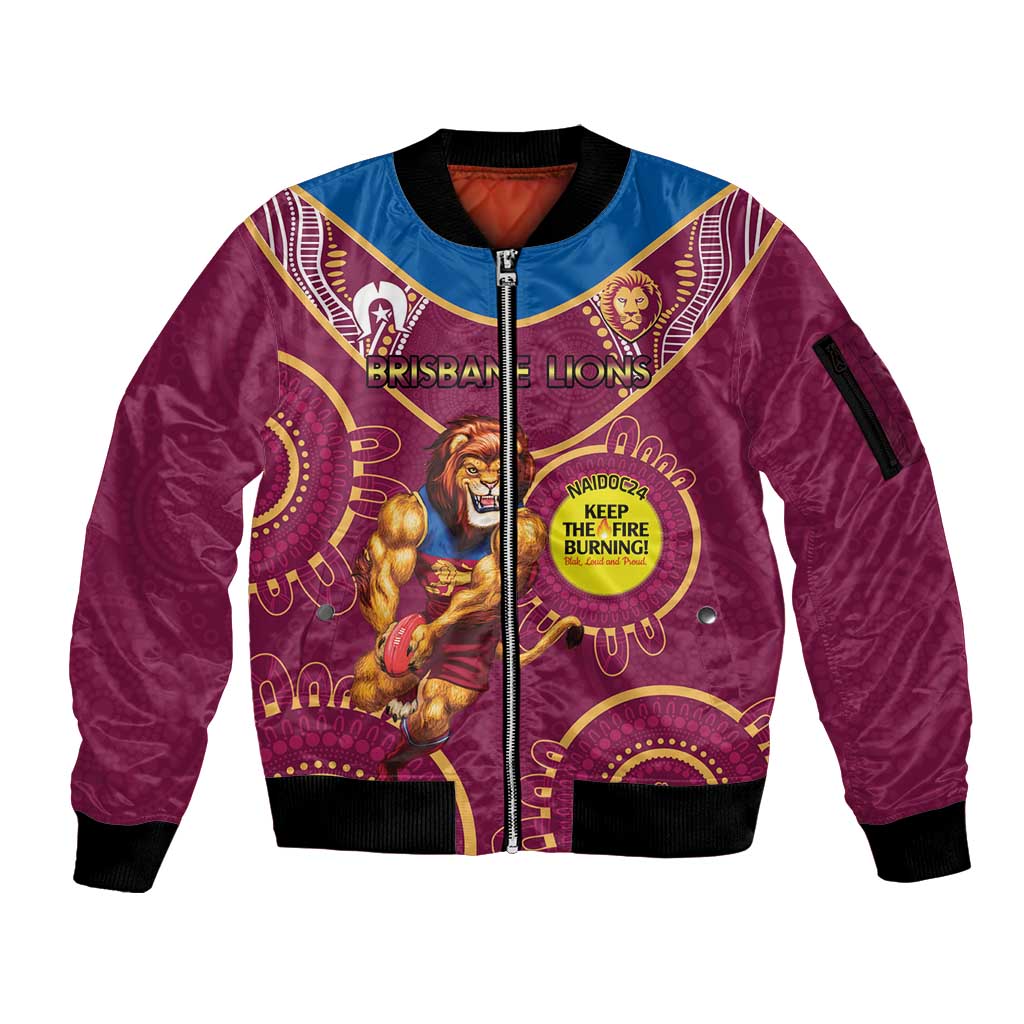 Custom AFL Brisbane Lions NAIDOC Week Sleeve Zip Bomber Jacket Keep The Fire Burning Indigenous Art
