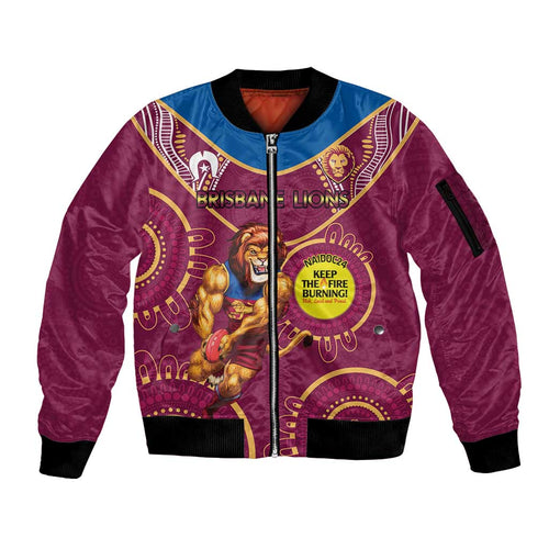 Custom AFL Brisbane Lions NAIDOC Week Sleeve Zip Bomber Jacket Keep The Fire Burning Indigenous Art