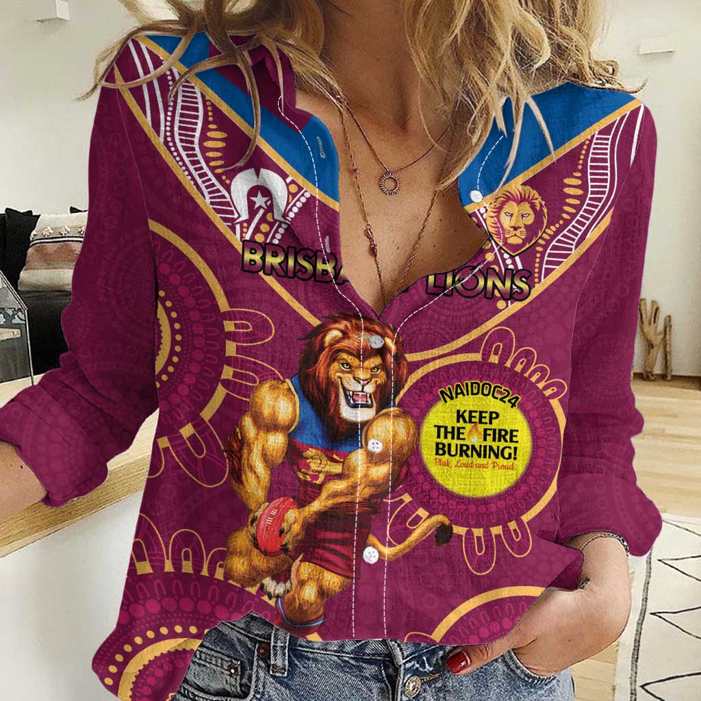 Custom AFL Brisbane Lions NAIDOC Week Women Casual Shirt Keep The Fire Burning Indigenous Art