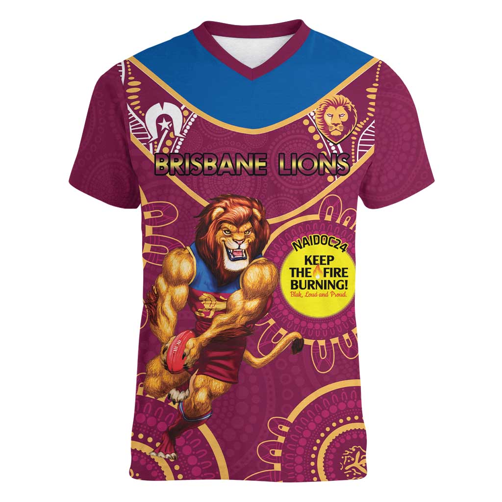 Custom AFL Brisbane Lions NAIDOC Week Women V-Neck T-Shirt Keep The Fire Burning Indigenous Art