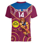 Custom AFL Brisbane Lions NAIDOC Week Women V-Neck T-Shirt Keep The Fire Burning Indigenous Art