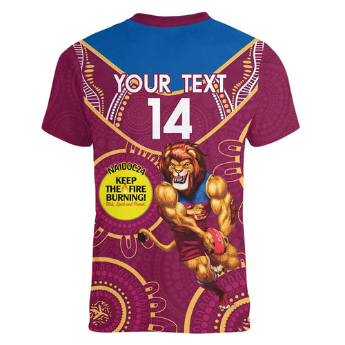 Custom AFL Brisbane Lions NAIDOC Week Women V-Neck T-Shirt Keep The Fire Burning Indigenous Art