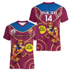 Custom AFL Brisbane Lions NAIDOC Week Women V-Neck T-Shirt Keep The Fire Burning Indigenous Art