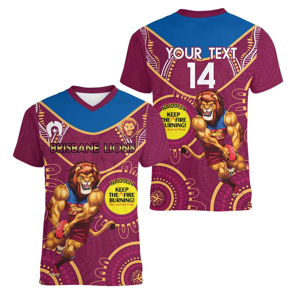 Custom AFL Brisbane Lions NAIDOC Week Women V-Neck T-Shirt Keep The Fire Burning Indigenous Art