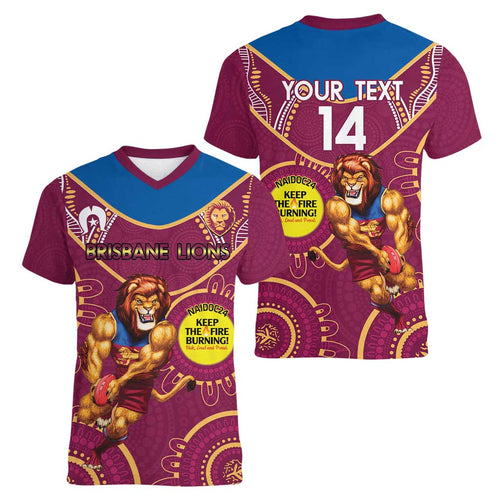 Custom AFL Brisbane Lions NAIDOC Week Women V-Neck T-Shirt Keep The Fire Burning Indigenous Art