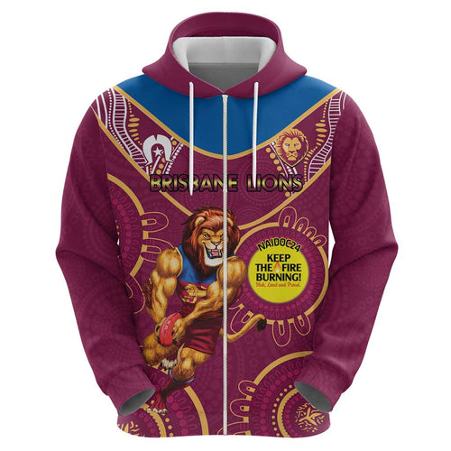 Custom AFL Brisbane Lions NAIDOC Week Zip Hoodie Keep The Fire Burning Indigenous Art