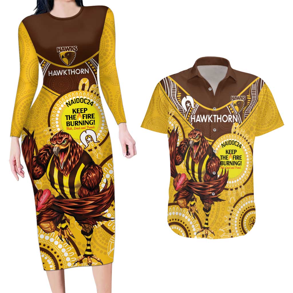 Custom AFL Hawkthorn NAIDOC Week Couples Matching Long Sleeve Bodycon Dress and Hawaiian Shirt Keep The Fire Burning Indigenous Art