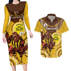 Custom AFL Hawkthorn NAIDOC Week Couples Matching Long Sleeve Bodycon Dress and Hawaiian Shirt Keep The Fire Burning Indigenous Art