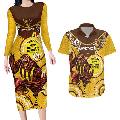 Custom AFL Hawkthorn NAIDOC Week Couples Matching Long Sleeve Bodycon Dress and Hawaiian Shirt Keep The Fire Burning Indigenous Art