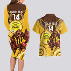 Custom AFL Hawkthorn NAIDOC Week Couples Matching Long Sleeve Bodycon Dress and Hawaiian Shirt Keep The Fire Burning Indigenous Art