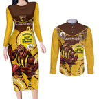 Custom AFL Hawkthorn NAIDOC Week Couples Matching Long Sleeve Bodycon Dress and Long Sleeve Button Shirt Keep The Fire Burning Indigenous Art