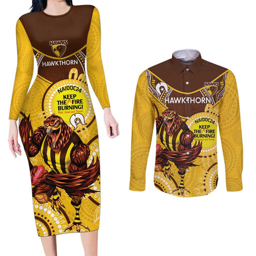 Custom AFL Hawkthorn NAIDOC Week Couples Matching Long Sleeve Bodycon Dress and Long Sleeve Button Shirt Keep The Fire Burning Indigenous Art