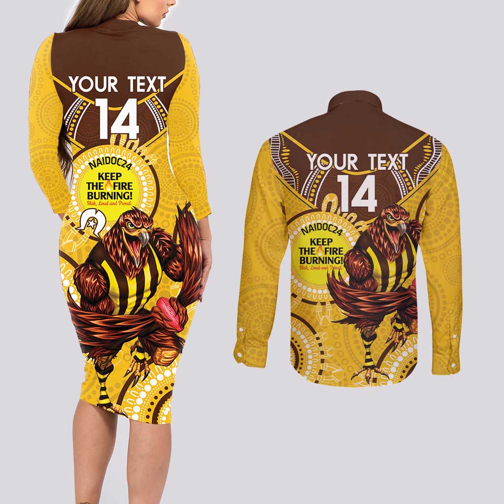 Custom AFL Hawkthorn NAIDOC Week Couples Matching Long Sleeve Bodycon Dress and Long Sleeve Button Shirt Keep The Fire Burning Indigenous Art