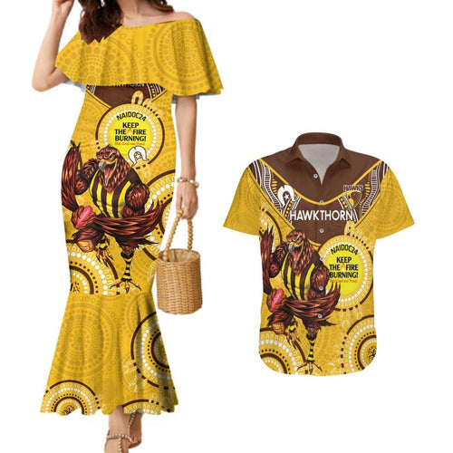 Custom AFL Hawkthorn NAIDOC Week Couples Matching Mermaid Dress and Hawaiian Shirt Keep The Fire Burning Indigenous Art