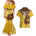 Custom AFL Hawkthorn NAIDOC Week Couples Matching Mermaid Dress and Hawaiian Shirt Keep The Fire Burning Indigenous Art