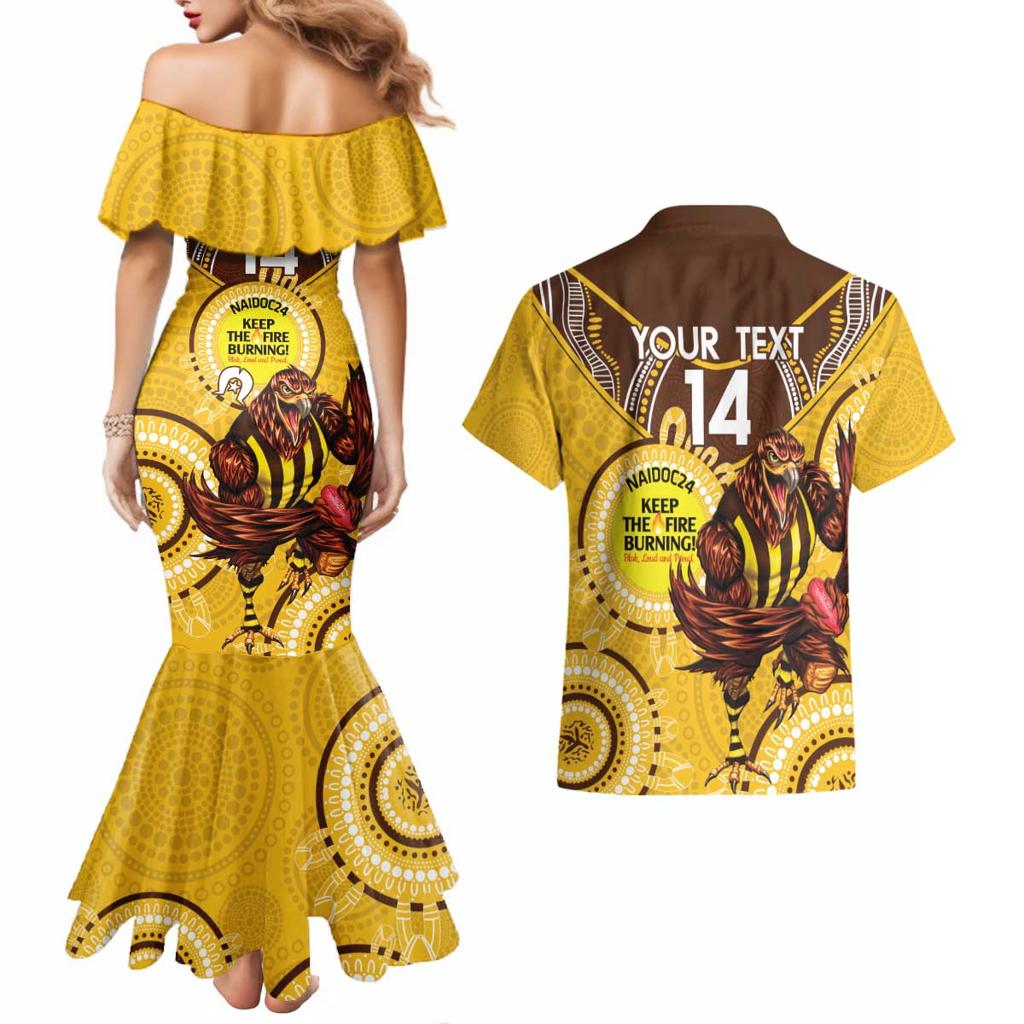 Custom AFL Hawkthorn NAIDOC Week Couples Matching Mermaid Dress and Hawaiian Shirt Keep The Fire Burning Indigenous Art