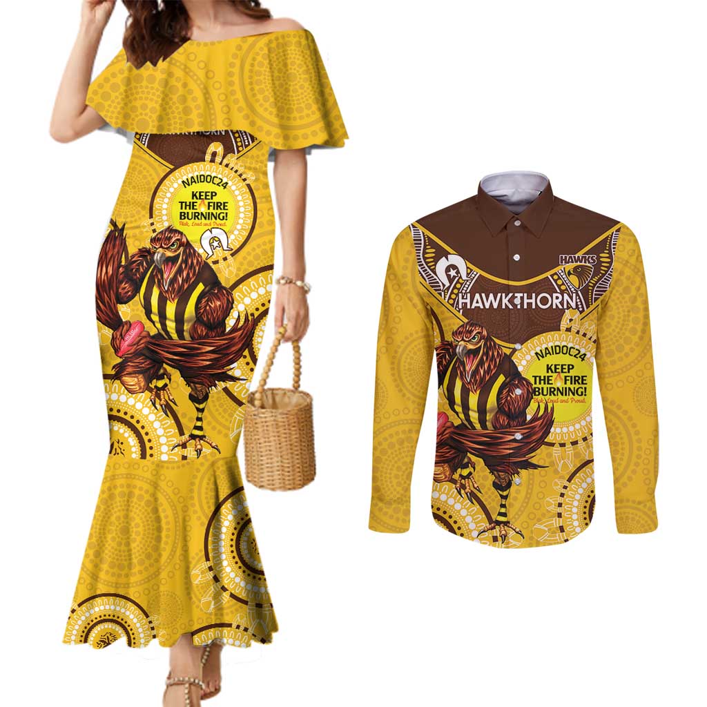 Custom AFL Hawkthorn NAIDOC Week Couples Matching Mermaid Dress and Long Sleeve Button Shirt Keep The Fire Burning Indigenous Art