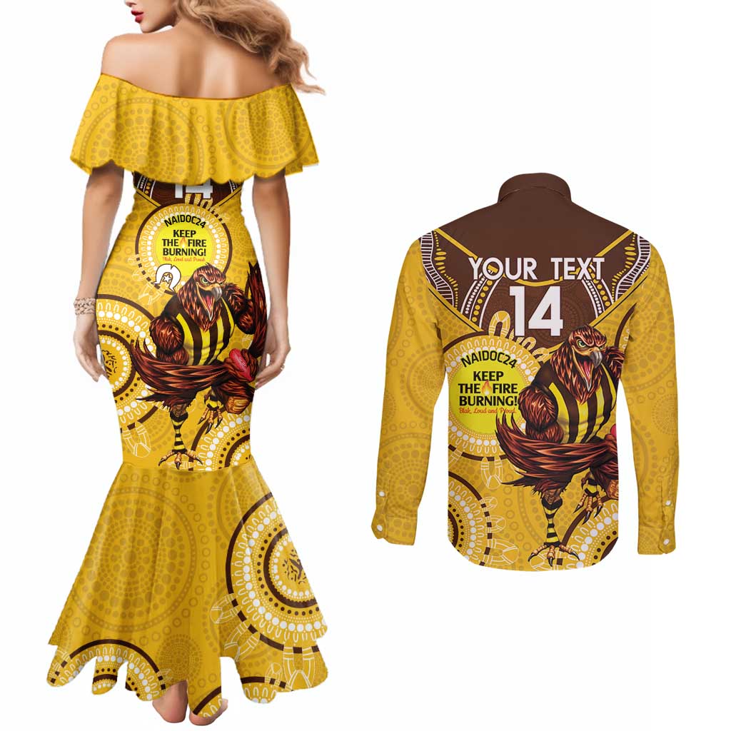 Custom AFL Hawkthorn NAIDOC Week Couples Matching Mermaid Dress and Long Sleeve Button Shirt Keep The Fire Burning Indigenous Art