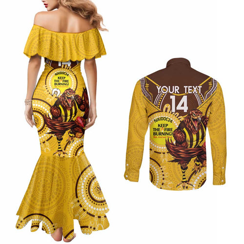 Custom AFL Hawkthorn NAIDOC Week Couples Matching Mermaid Dress and Long Sleeve Button Shirt Keep The Fire Burning Indigenous Art