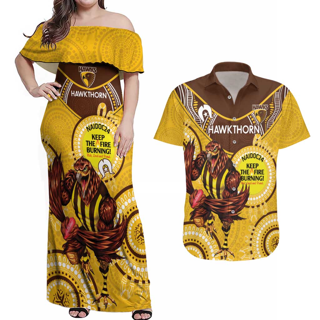 Custom AFL Hawkthorn NAIDOC Week Couples Matching Off Shoulder Maxi Dress and Hawaiian Shirt Keep The Fire Burning Indigenous Art