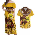 Custom AFL Hawkthorn NAIDOC Week Couples Matching Off Shoulder Maxi Dress and Hawaiian Shirt Keep The Fire Burning Indigenous Art