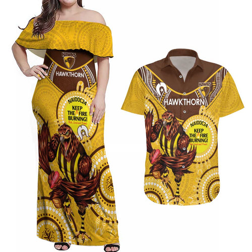 Custom AFL Hawkthorn NAIDOC Week Couples Matching Off Shoulder Maxi Dress and Hawaiian Shirt Keep The Fire Burning Indigenous Art