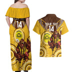 Custom AFL Hawkthorn NAIDOC Week Couples Matching Off Shoulder Maxi Dress and Hawaiian Shirt Keep The Fire Burning Indigenous Art