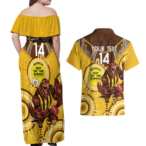 Custom AFL Hawkthorn NAIDOC Week Couples Matching Off Shoulder Maxi Dress and Hawaiian Shirt Keep The Fire Burning Indigenous Art