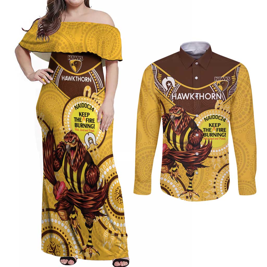 Custom AFL Hawkthorn NAIDOC Week Couples Matching Off Shoulder Maxi Dress and Long Sleeve Button Shirt Keep The Fire Burning Indigenous Art