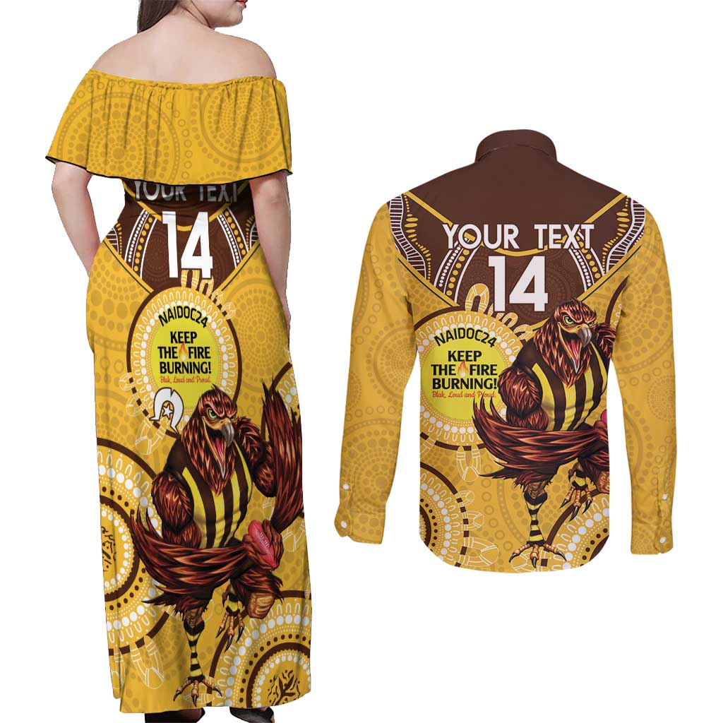 Custom AFL Hawkthorn NAIDOC Week Couples Matching Off Shoulder Maxi Dress and Long Sleeve Button Shirt Keep The Fire Burning Indigenous Art