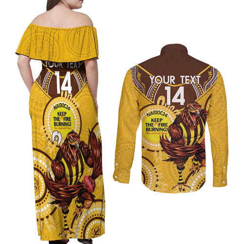 Custom AFL Hawkthorn NAIDOC Week Couples Matching Off Shoulder Maxi Dress and Long Sleeve Button Shirt Keep The Fire Burning Indigenous Art