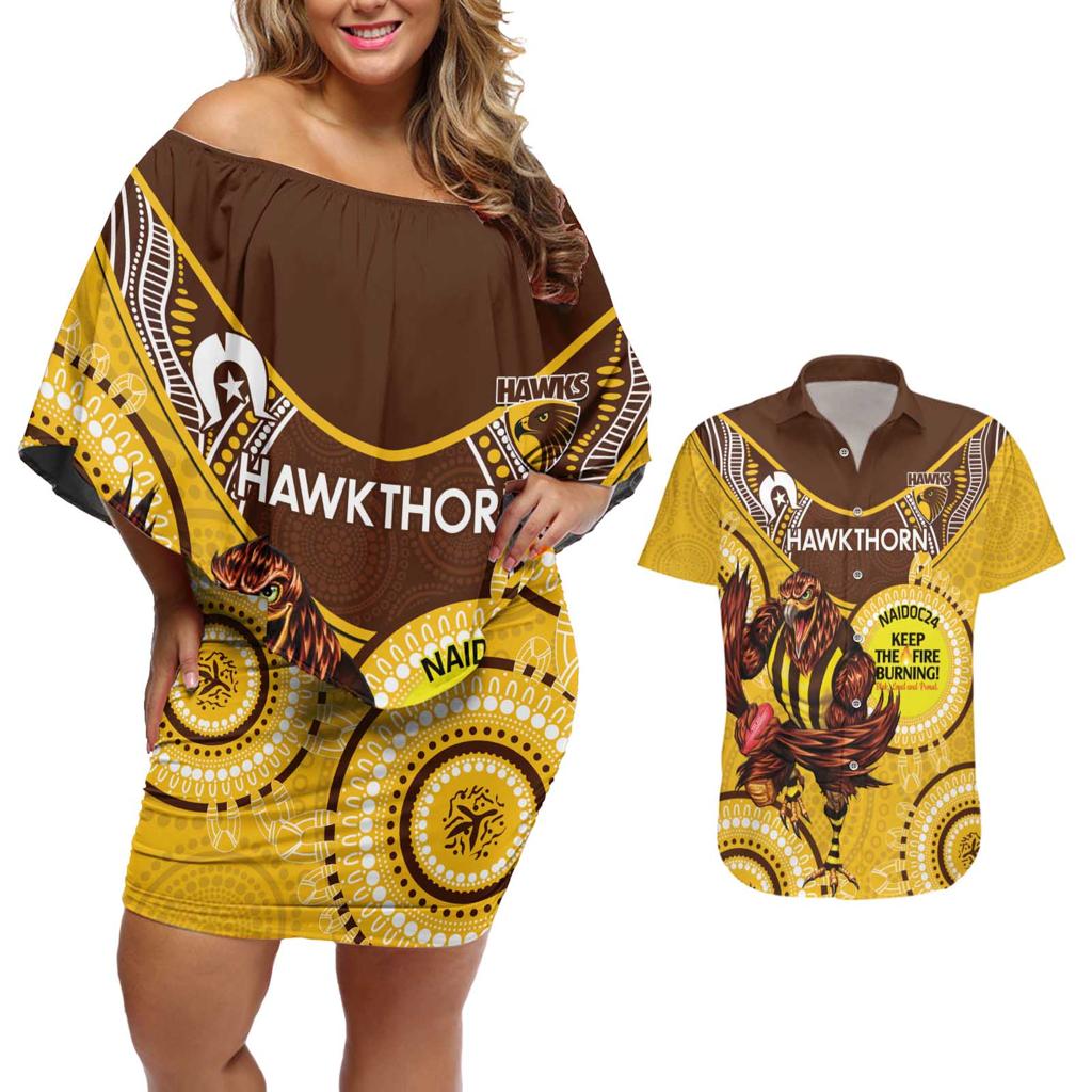 Custom AFL Hawkthorn NAIDOC Week Couples Matching Off Shoulder Short Dress and Hawaiian Shirt Keep The Fire Burning Indigenous Art