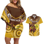 Custom AFL Hawkthorn NAIDOC Week Couples Matching Off Shoulder Short Dress and Hawaiian Shirt Keep The Fire Burning Indigenous Art