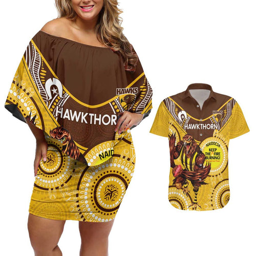 Custom AFL Hawkthorn NAIDOC Week Couples Matching Off Shoulder Short Dress and Hawaiian Shirt Keep The Fire Burning Indigenous Art
