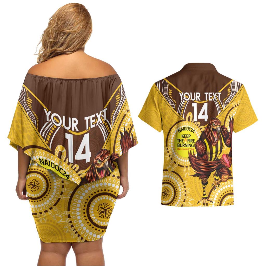Custom AFL Hawkthorn NAIDOC Week Couples Matching Off Shoulder Short Dress and Hawaiian Shirt Keep The Fire Burning Indigenous Art