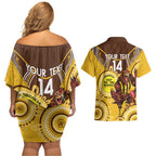 Custom AFL Hawkthorn NAIDOC Week Couples Matching Off Shoulder Short Dress and Hawaiian Shirt Keep The Fire Burning Indigenous Art