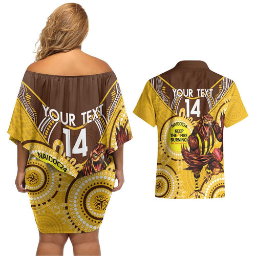 Custom AFL Hawkthorn NAIDOC Week Couples Matching Off Shoulder Short Dress and Hawaiian Shirt Keep The Fire Burning Indigenous Art