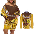 Custom AFL Hawkthorn NAIDOC Week Couples Matching Off Shoulder Short Dress and Long Sleeve Button Shirt Keep The Fire Burning Indigenous Art