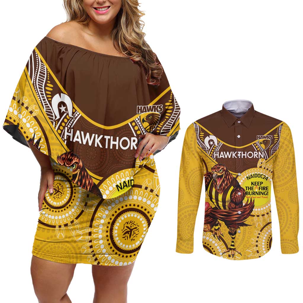 Custom AFL Hawkthorn NAIDOC Week Couples Matching Off Shoulder Short Dress and Long Sleeve Button Shirt Keep The Fire Burning Indigenous Art