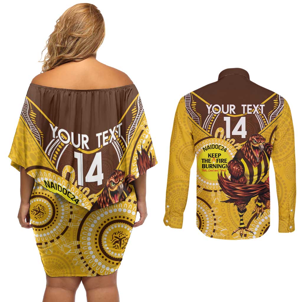Custom AFL Hawkthorn NAIDOC Week Couples Matching Off Shoulder Short Dress and Long Sleeve Button Shirt Keep The Fire Burning Indigenous Art