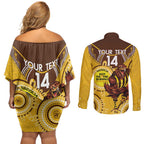 Custom AFL Hawkthorn NAIDOC Week Couples Matching Off Shoulder Short Dress and Long Sleeve Button Shirt Keep The Fire Burning Indigenous Art
